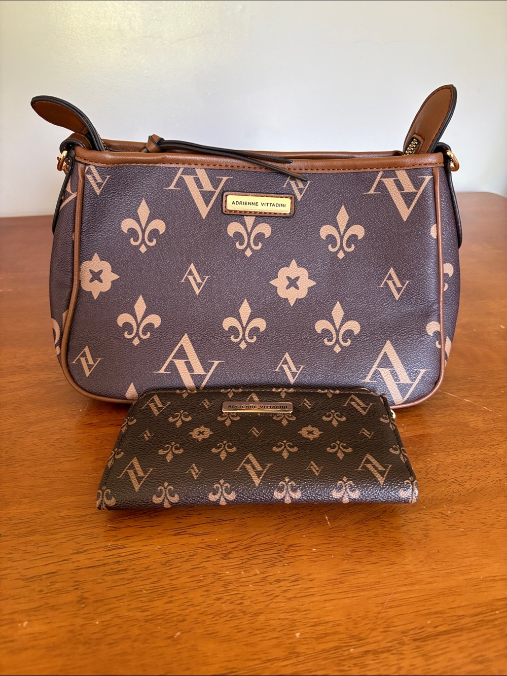 Adrienne Vittadini Brown and Tan Logo Shoulder Bag with Wallet